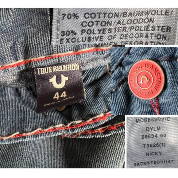 TRUE RELIGION Ricky Flap Super T Corduroys Indigo Blue & Red Pants Size 44 RARE - Picture 10 of 13